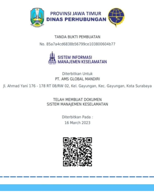 Sertifikat Managemen Keselamatan Berkendara PT AMS Global Mandiri